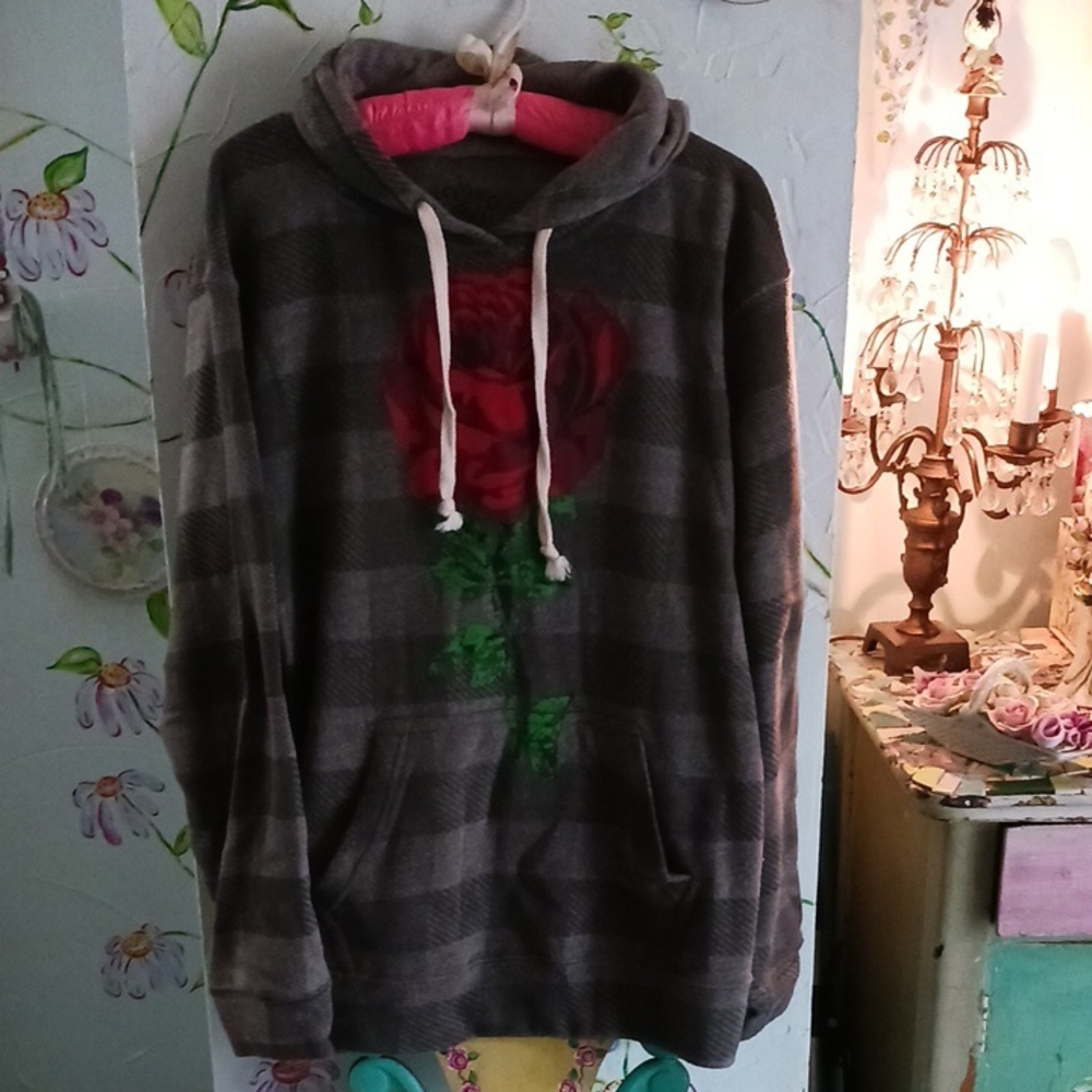 Plaid Hoodie with Rose Design